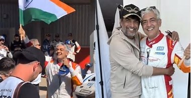 
Ajith Kumar Celebrates Dubai 24H Race Podium Finish with Indian Flag and Kiss for Wife Shalini